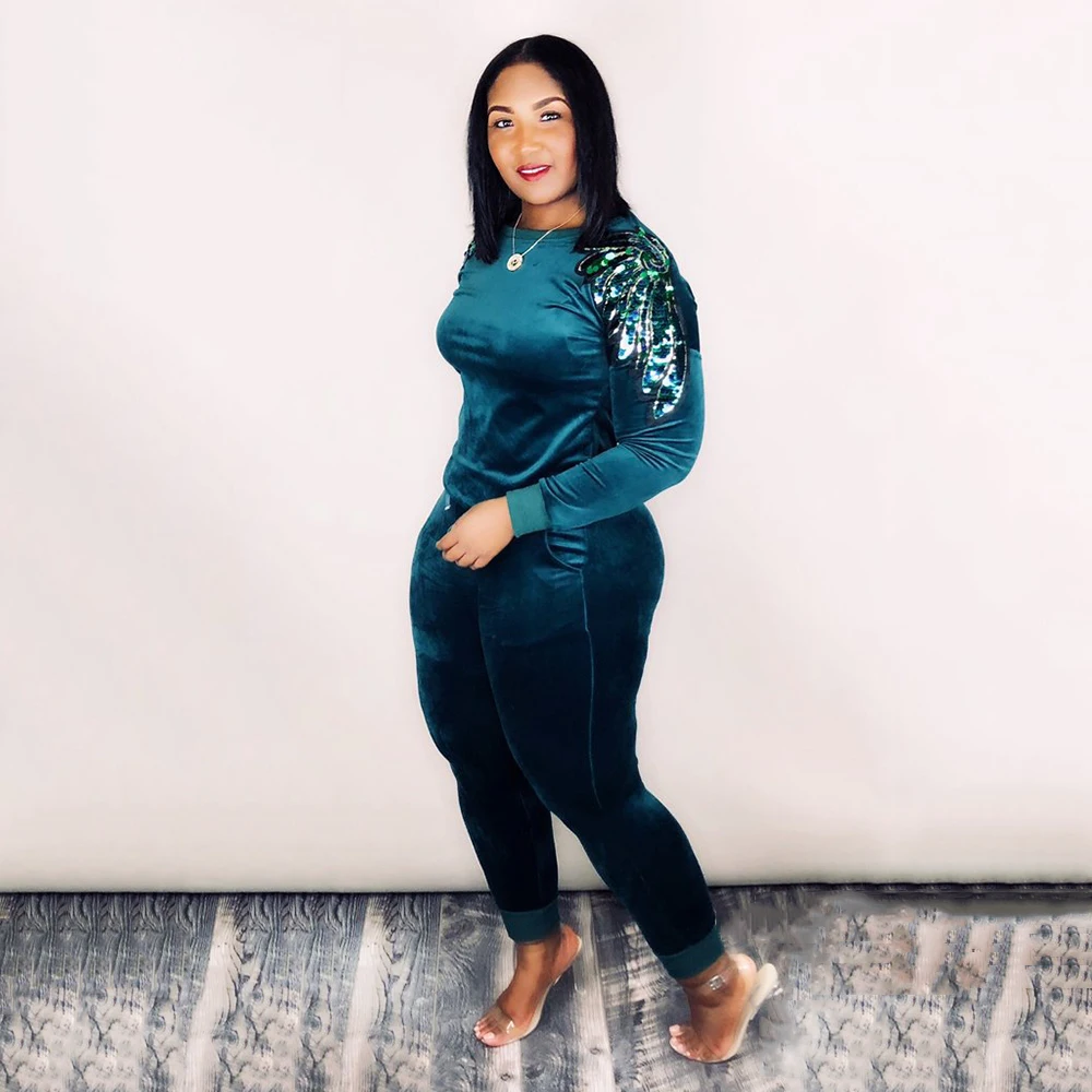 Women Two Piece Set Outfits Velvet Sequins Shoulder Patchwork O-Neck Long Sleeve Pullovers Pencil Pants Casual Sportswear |