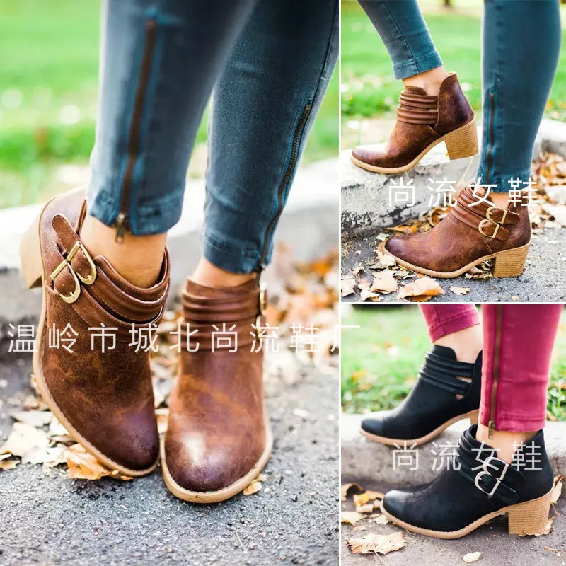 Женские ботильоны из ПУ кожи с острым носком на среднем квадратном каблуке |