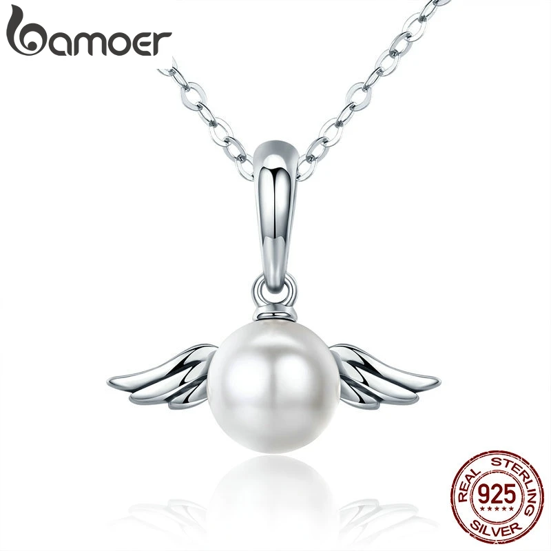 

BAMOER Valentine Day 100% 925 Sterling Silver Naughty Angel Feather Wing Pendant Necklace for Mom Chain Necklace Jewelry Gift