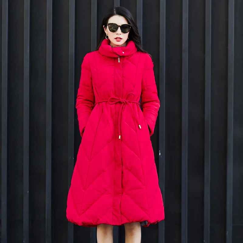 Брендовая новинка женские зимние куртки красное пуховое пальто юбка стильная