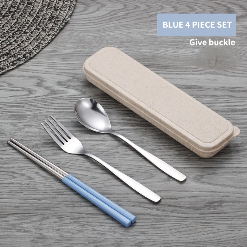 WORTHBUY Portable Dinnerware Set Stainless Steel Cutlery With Wheat Straw Handle Tableware Set For Kids School Dinner Set - Цвет: Blue 4 Set