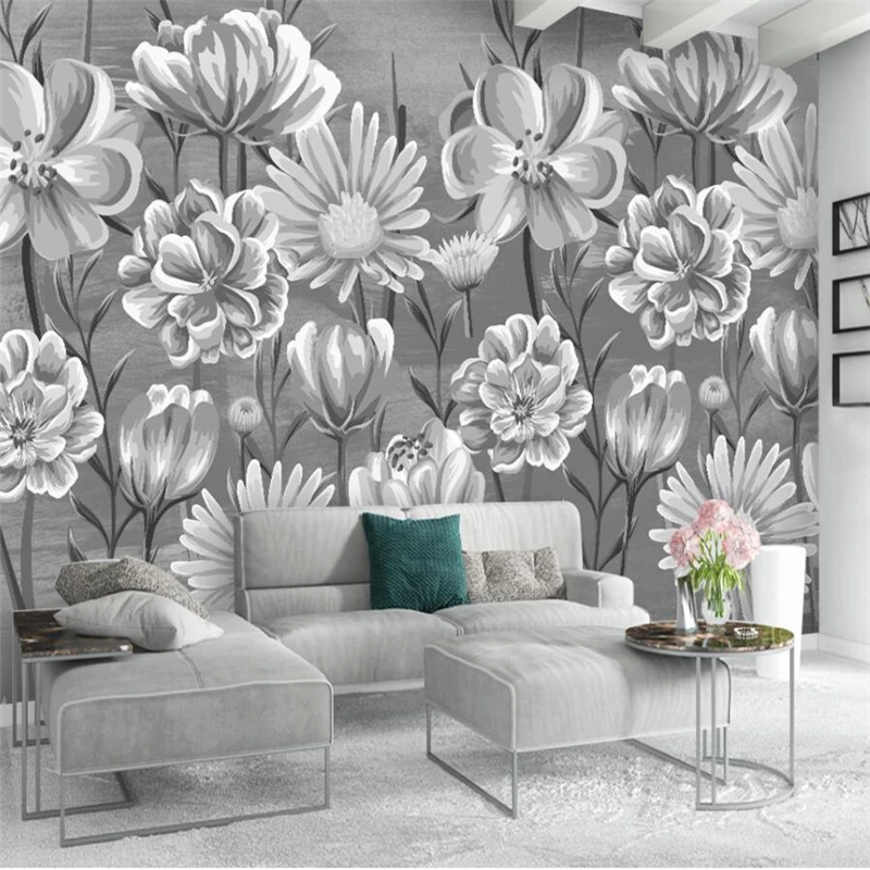 

wellyu Nordic simple small fresh hand painted black and white flowers watercolor style wall custom large mural wallpaper