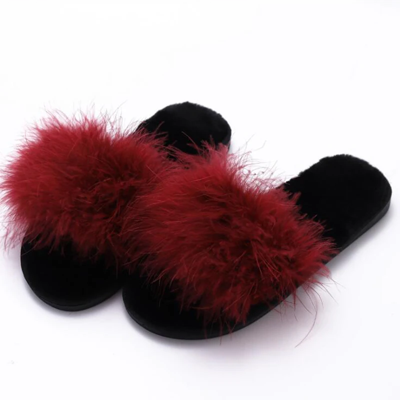 Сланцы женские из искусственного меха пушистые сандалии с перьями страуса