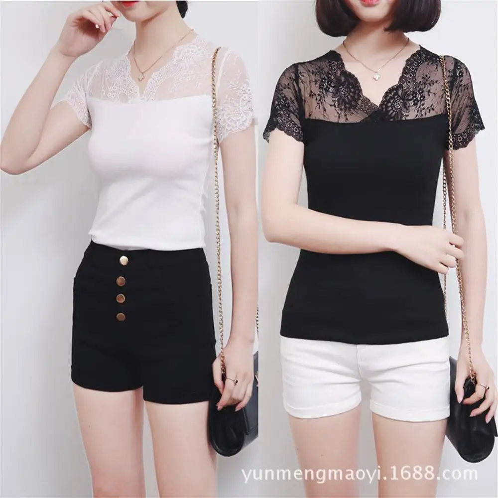2018 spring and summer women's sexy lace shirt t Korean version of the small V-neck sweater | Женская одежда