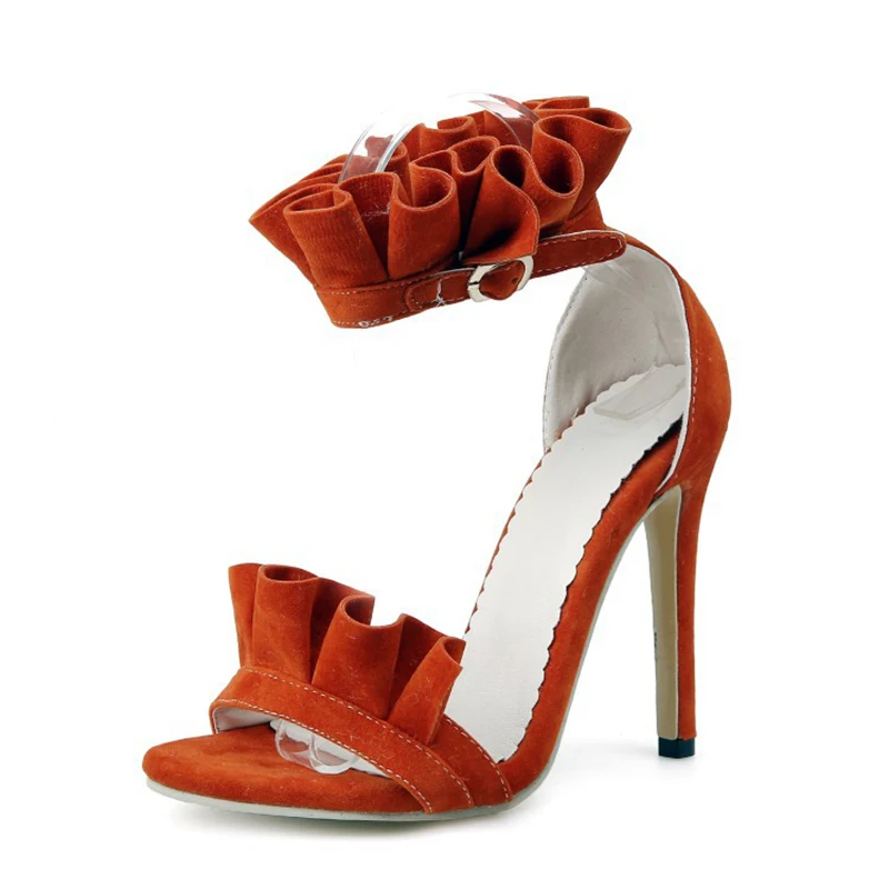 

CuddlyIIPanda 2019 Summer Cool Sexy Super High Heels Plus Size Ruffles Women Sandals Ankle Wrap Faux Suede Wedding Dress Shoes