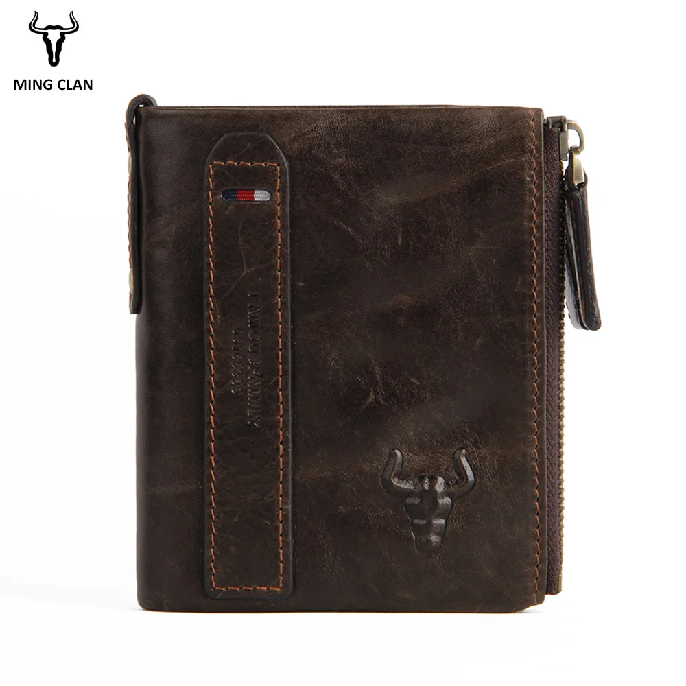 Mingclan Genuine Cowhide Leather Men Wallet Short Coin Purse Small Vintage Wallets Brand High Quality Designer Zipper Pocket