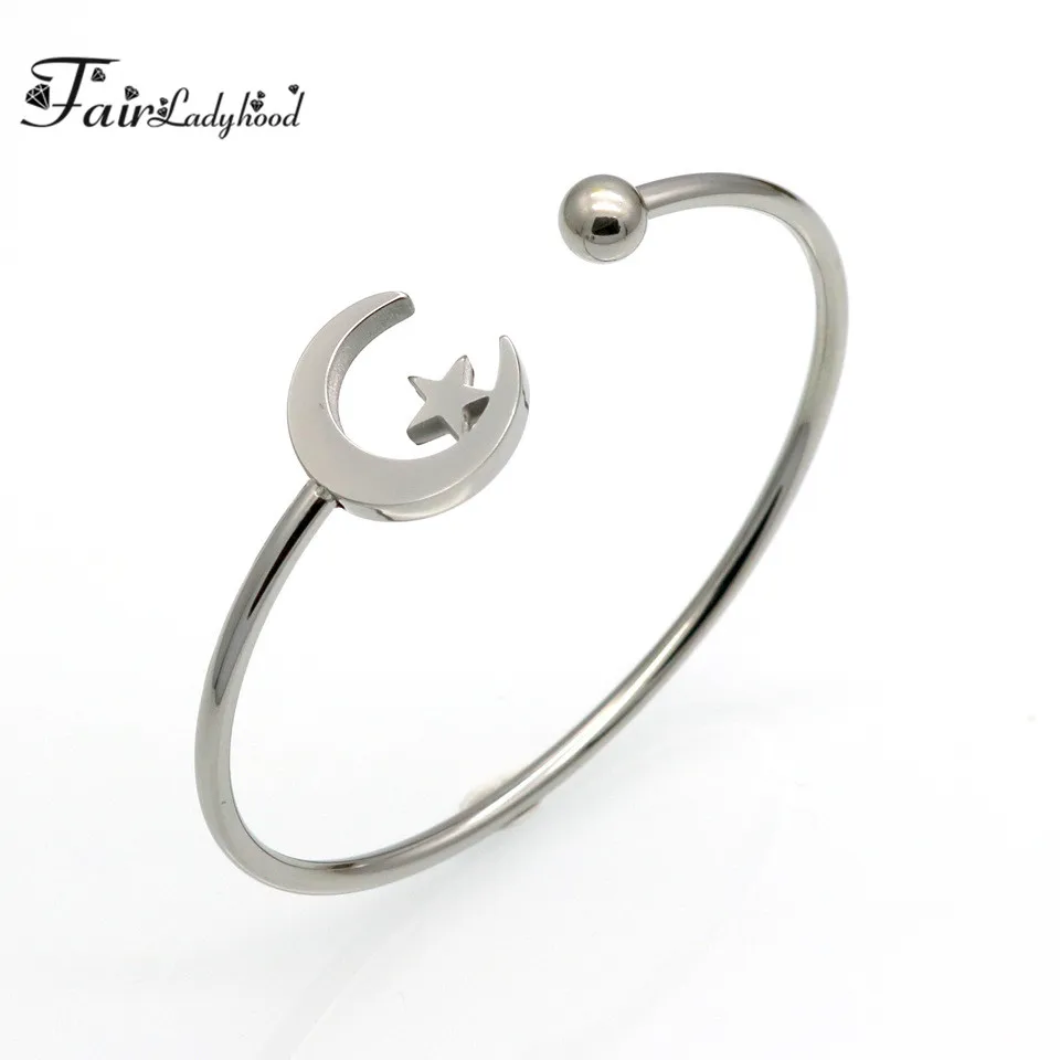 Fairladyhood moon and stars Hallow Design Cuff Bracelet Gold Color Stainless Steel Bangles For Women Wholesale | Украшения и