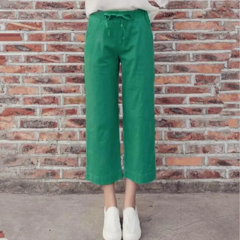 Брюки с широкими штанинами из хлопка и льна Свободные повседневные однотонные