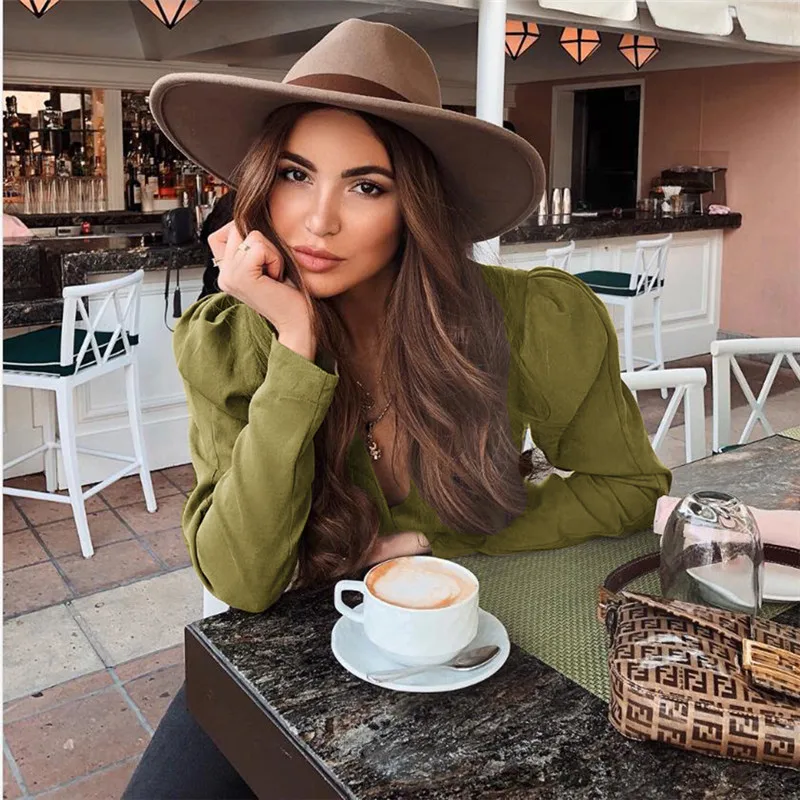 Весна и Осень Топ рубашка для женщин Сплошной V образным вырезом с длинными