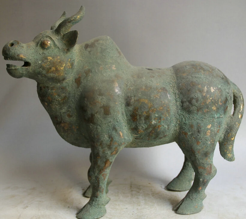 

song voge gem S1705 17" Old Chinese Bronze Gild Folk strong Zodiac Year Bull Oxen Statue sculpture
