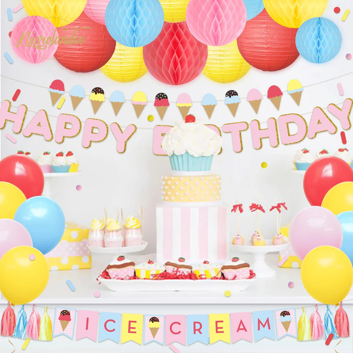 

NICROLANDEE Ice Cream Theme Kids Child Happy Birthday Summer Party Decor Kit Set Boy Girl New Home Party DIY Decoration