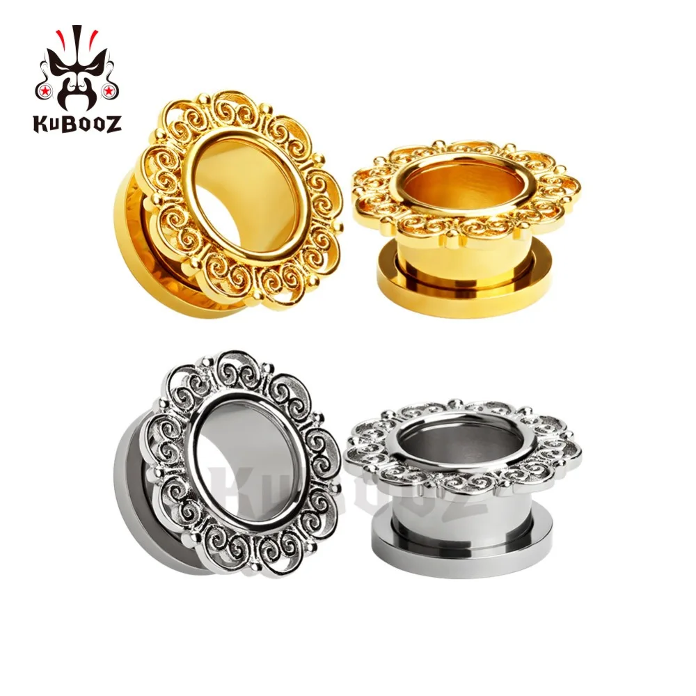 

KUBOOZ Fashion Design Stainless Steel Hollow Out Flower Pattern Ear Piercing Plugs Body Jewelry Ear Expanders Tunnels One Pair