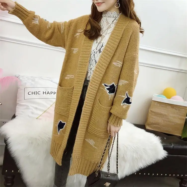 JH1810 Yellow HSA, осенний зимний длинный свитер, кардиганы, v-образный вырез, Повседневный, макси, вышивка, милый кардиган, зимний теплый толстый свитер, пальто - Цвет: JH1810 Yellow