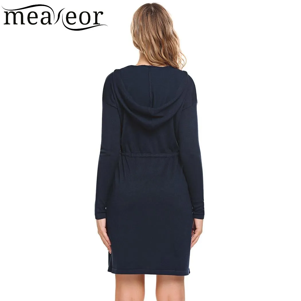 Meaneor Women Hooded Cardigan Sweaters Casual Long Sleeve Solid Open Stitch Drawstring Slim Knit Female Outwear Tops |