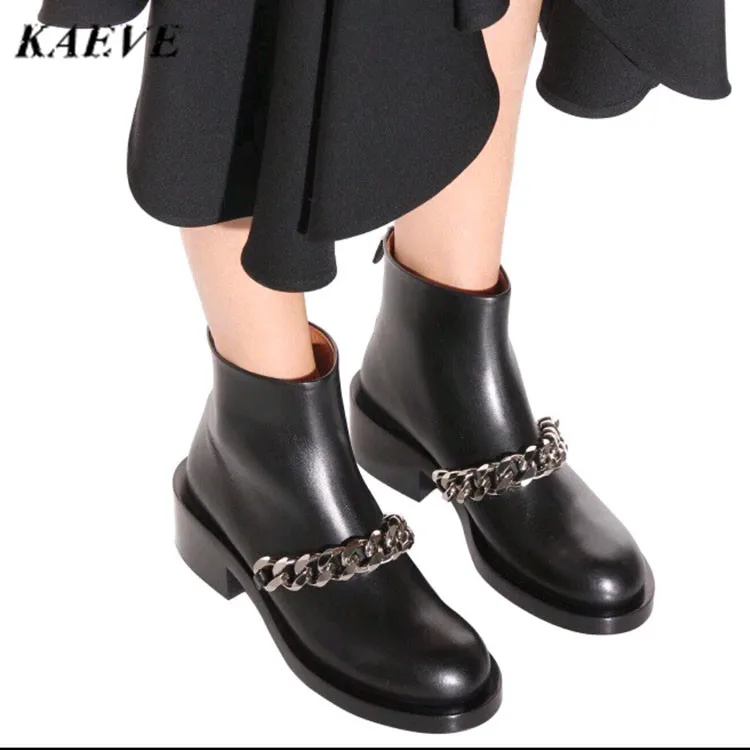 

Autumn&Winter Boots Female Genuine Leather Chunky Heel Round Toe Gold Metal Chain Ankle Boots Women'S Black Shoe Short Warmful
