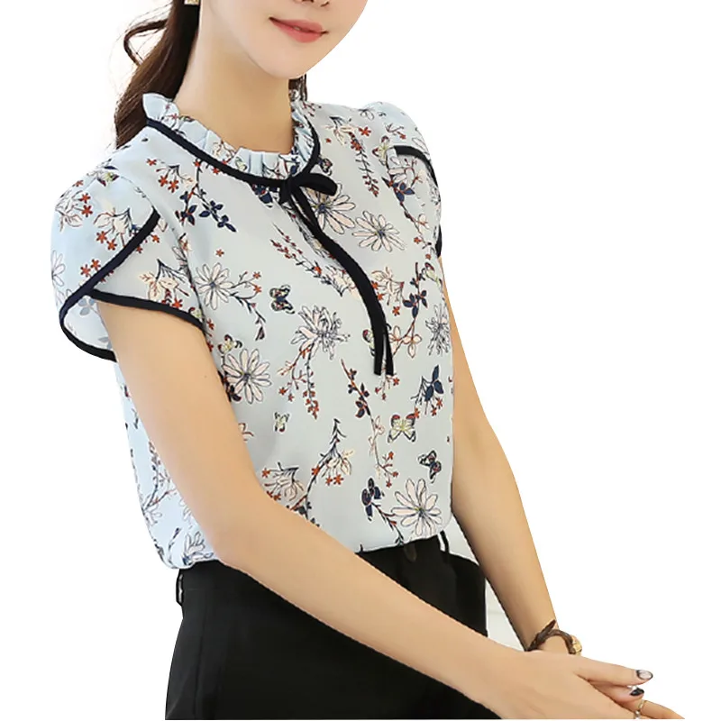 RibbonFish Women Spring Summer Style Chiffon Blouses Shirts Short Sleeve Flower Printed Bow Tie Decor Blusas Top Feminina DF1265 | Женская