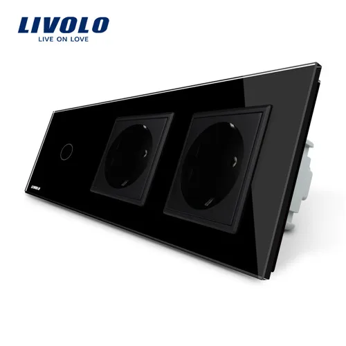 Black Livolo ЕС стандартный разъем питания, AC 220~ 250 В, Хрустальная стеклянная розетка панель, 2 комплекта настенных розеток с сенсорным выключателем, без логотипа - Тип: Black