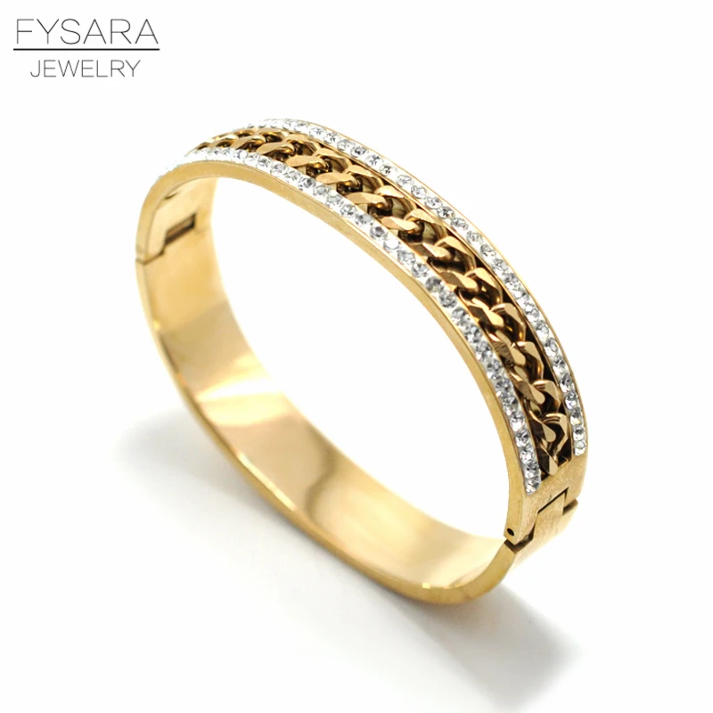 FYSARA, панк, широкие браслеты с пряжкой, плоская цепочка, CZ, полностью кристаллический браслет, женские браслеты из нержавеющей стали, унисекс, мужские браслеты