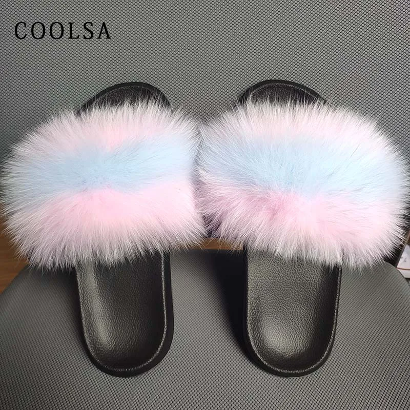 Coolsa/Лидер продаж; летние женские меховые тапочки; шлепанцы без задника с натуральным лисьим мехом; Дизайнерская обувь на плоской подошве; пушистые плюшевые туфли; женские комнатные тапочки; милые меховые тапочки; Pantufa - Цвет: pink blue stripe