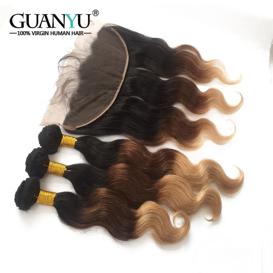 Guanyuhair 3 Bundles 1b/4/27 Ombre Peruvian Body Wave Human Hair Bundle With Frontal Closure Remy Honey Blonde Weave | Шиньоны и парики