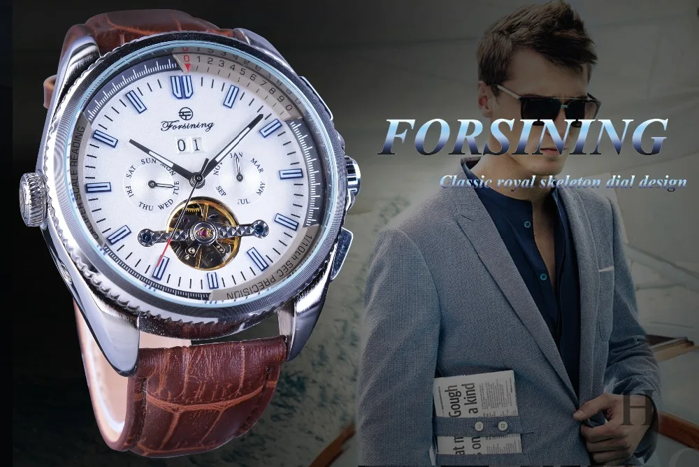 Forsining Navigator Series коричневые кожаные часы из турбийона с синим циферблатом и календарем, Мужские автоматические часы от ведущего бренда, роскошные часы