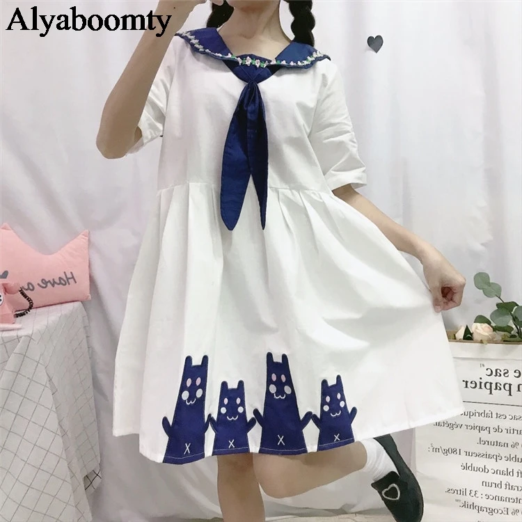 2019 японский консервативный стиль Kawaii летнее платье белый темно синий милые кошки