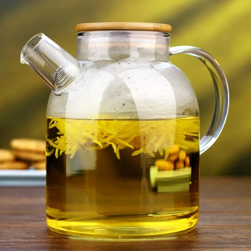 Классический термостойкий стеклянный цветочный чайник с деревянной крышкой