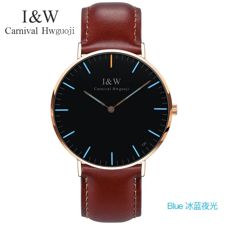Мужские кварцевые часы Carnival I & W Blue Tritium ультратонкие водонепроницаемые с кожаным