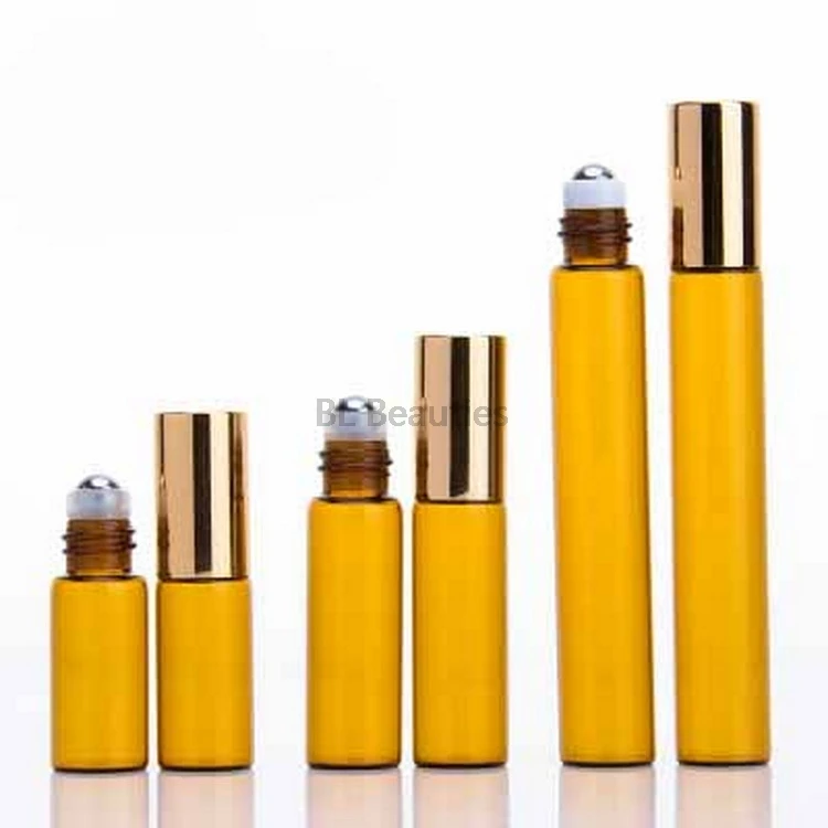 

200pcs/lot Mini 3ml 5ml 10ml Brown Amber Glass Roll On Essential Oil Perfume Bottle Stainless Steel Roller Ball