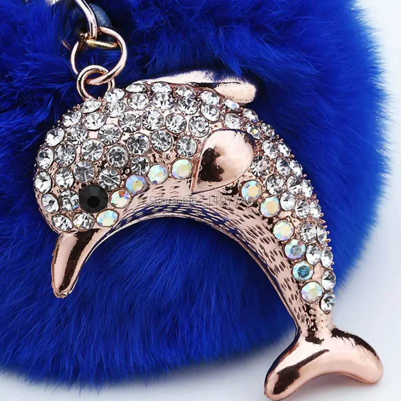 8 цветов см большой шарик из меха кролика брелок Pom для женщин пар AB Rhienstone Dolphin