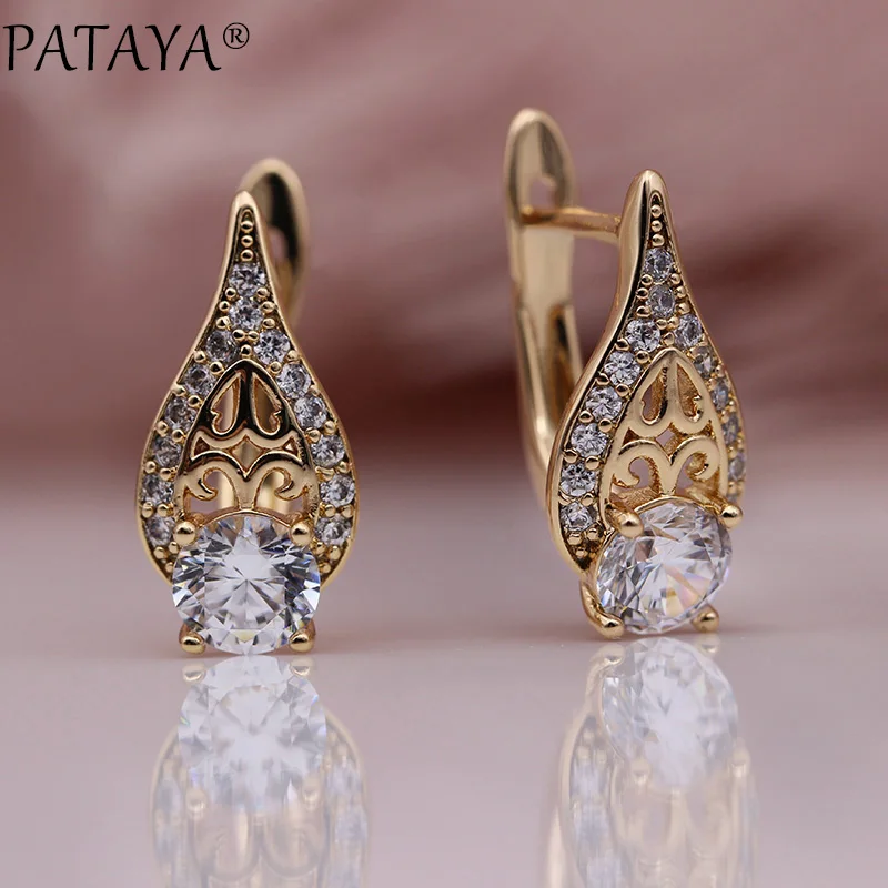 PATAYA New Flame Water Drop Hollow Earring 585 Rose Gold Color Round Natural Zircon Earrings Women Wedding Fine Fashion Jewelry