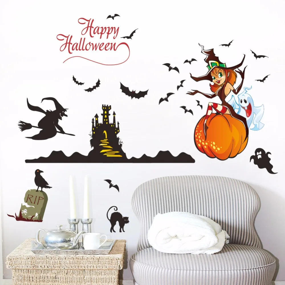 Happy Halloween Wall Stickers for Party Club Bar Living room Decor Removable Vinyl Lovely Witch Ghost Decals Art Murals dc5 | Дом и сад