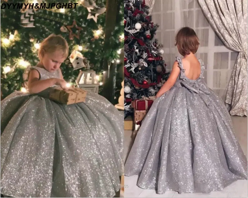 Милые блестящие серые Бальные нарядные Детские платья 2019 элегантные для девочек с бантом сзади|Цветочные