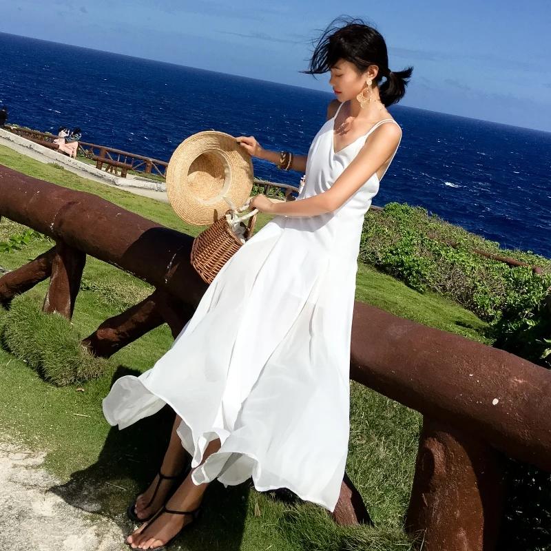 2019 Летнее белое пляжное платье Для женщин длинное шифоновое праздничные платья