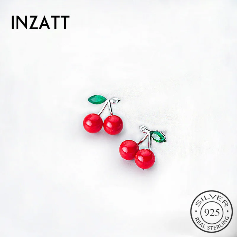 

INZATT Real 925 Sterling Silver Enamel Pearl Fruit Red Cherry Stud Earrings Fine Jewelry For Women Minimalist Accessories gift