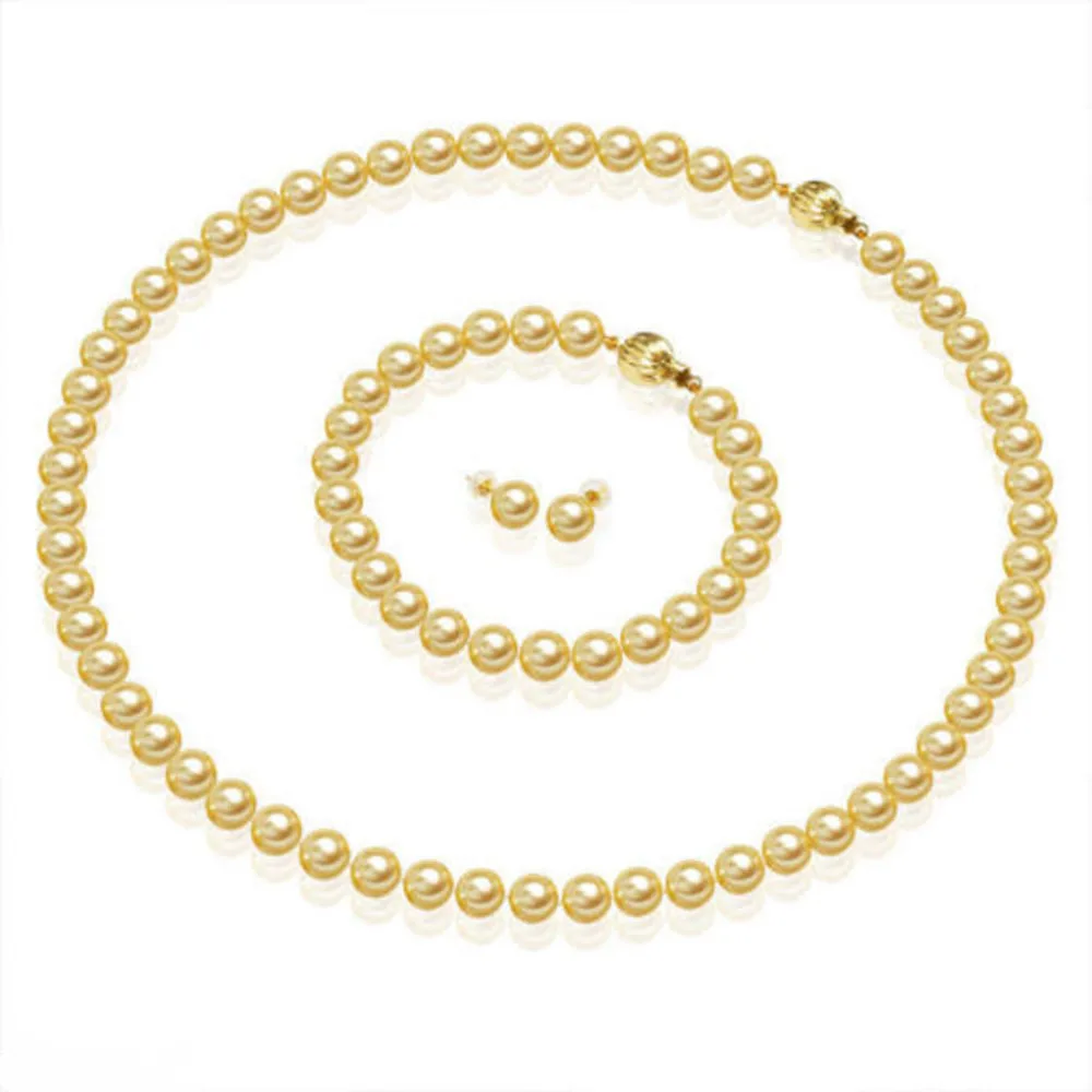 

New 8MM Golden Akoya Shell Pearl Necklace 20'' Bracelet 7.5'' Earring Set AAA+