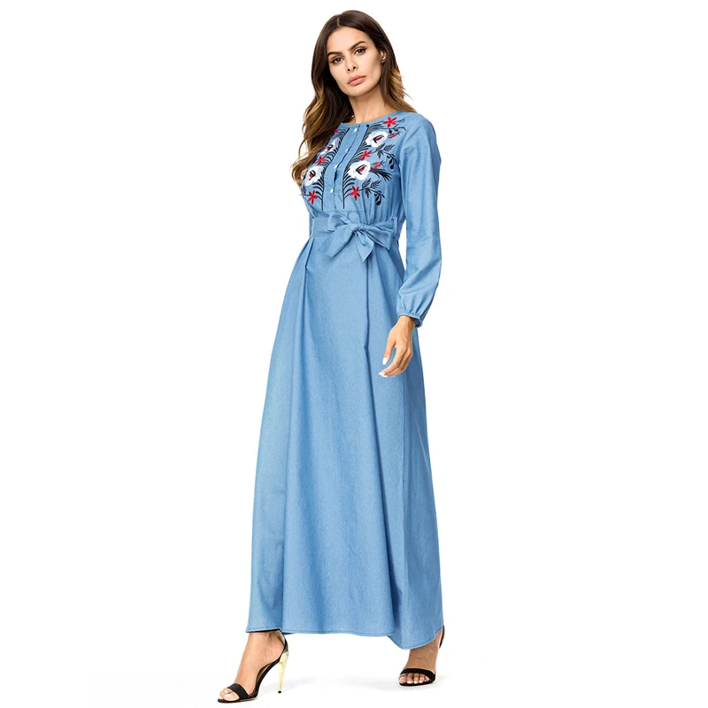 MISSJOY 2018 abaya вышитое джинсовое мусульманское женское платье ретро с длинным