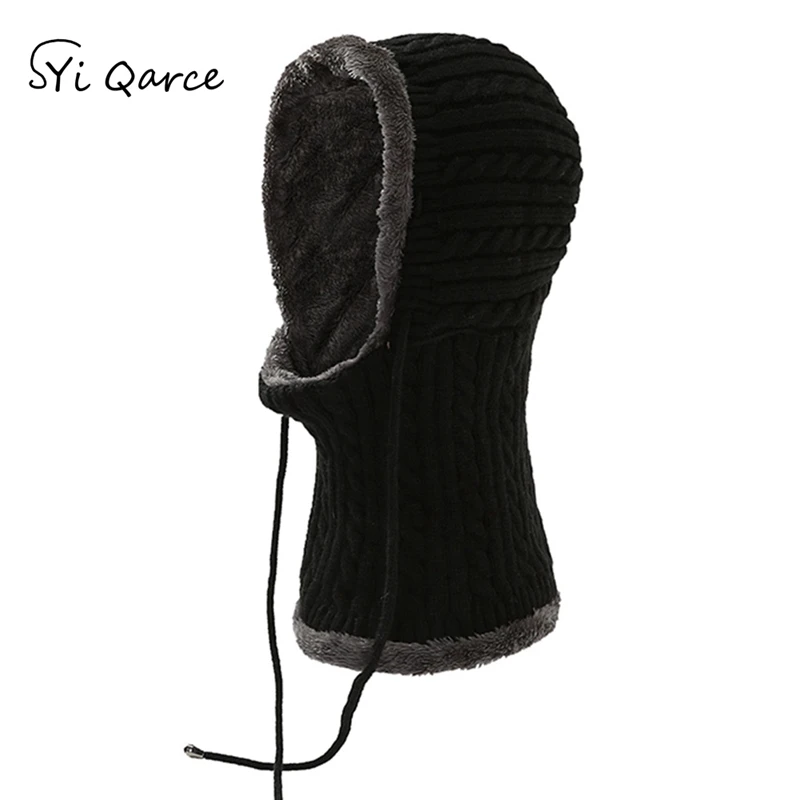 Black SYi Qarce зимние супер теплые вязанные шапочки Skullies Beanie Gorras Bonnet маска шапка для мужчин и женщин Спорт На Открытом Воздухе Шапка NM084-88 - Цвет: Black