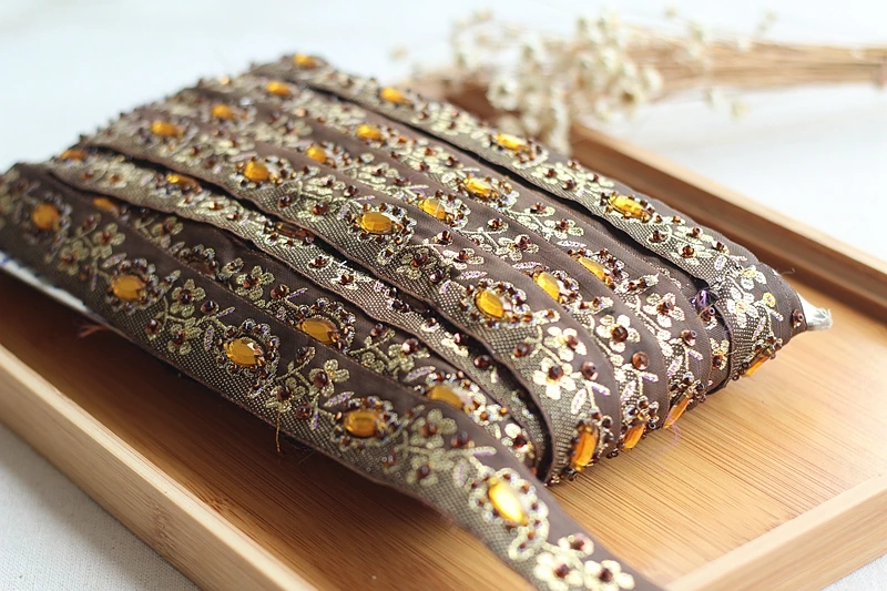 2 ярда кофейный + золотой высококачественный ручной работы с бисером и блестками