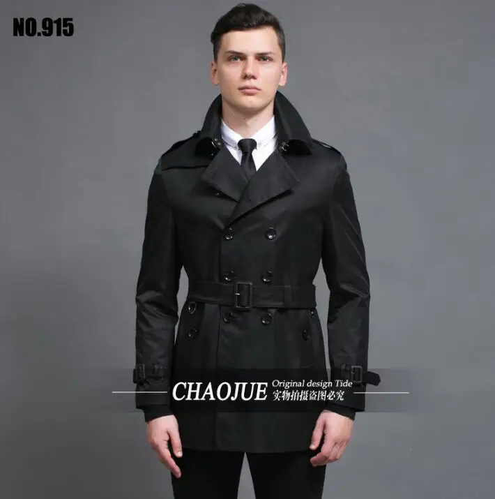 

Turn-down collar medium-long loose trench coat men overcoat long sleeve mens clothing fashion outerwear casaco masculino black