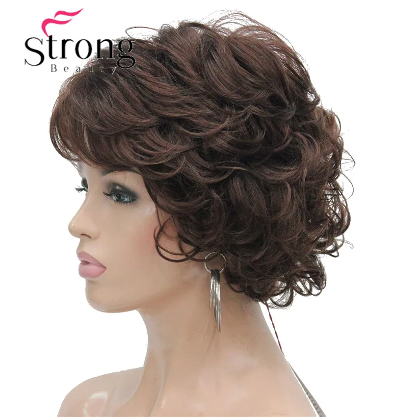StrongBeauty короткий кудрявый парик темно-каштановая боковая часть толстые
