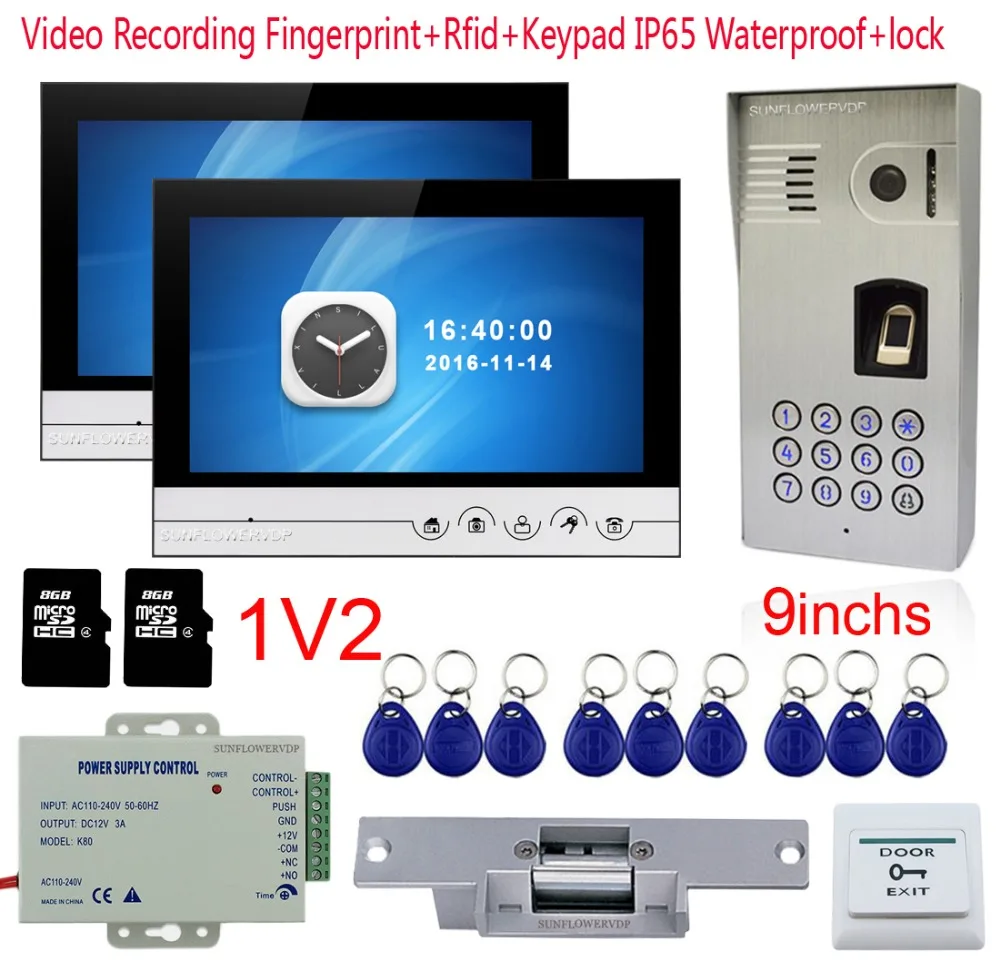 Отпечатков пальцев домофон IP65 Водонепроницаемый Rfid видео глаз 9 &quotЦвет 8 ГБ SD