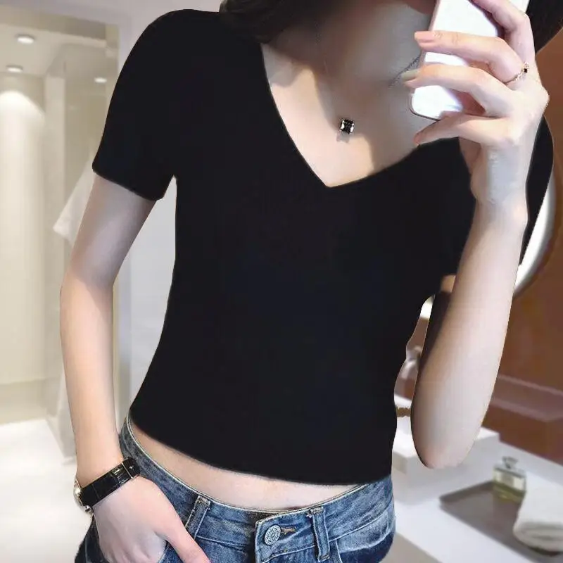 Короткий отрезок пупка с короткими рукавами футболка Для женщин Femme Высокая
