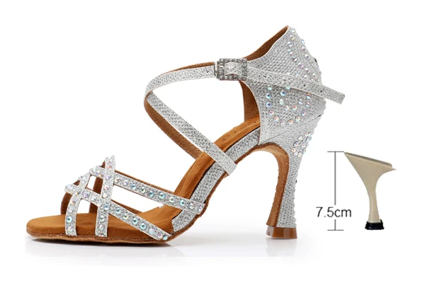 silver heel 75mm DILEECHI/Женская обувь для латинских танцев; стразы; блестящая обувь для сальсы; Бальные сандалии; обувь для танцев; обувь для вечеринок; Каблук-клеш 9 см; цвет золотистый, серебристый - Цвет: silver heel 75mm