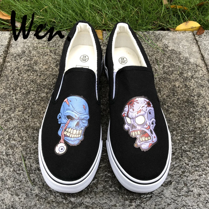 

Wen Design Blue Purple Zombie Skull Monster Horrible Eyeball Eyes Black Slip On Canvas Sneakers Man Male White Walking Shoes