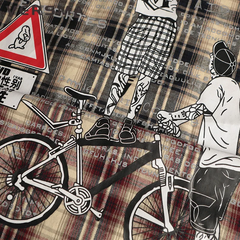 VERSMA Korean Harajuku Ulzzang Graffiti Printed Plaid Shirts Men Hip Hop Streetwear Vintage BF Oversized Short Sleeve Shirt Male | Мужская