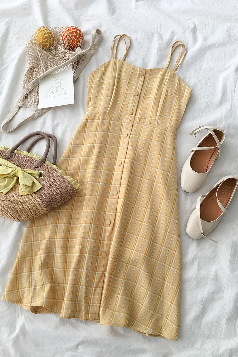 Сарафан 2019 летнее винтажное художественное корейское платье клетчатое желтое