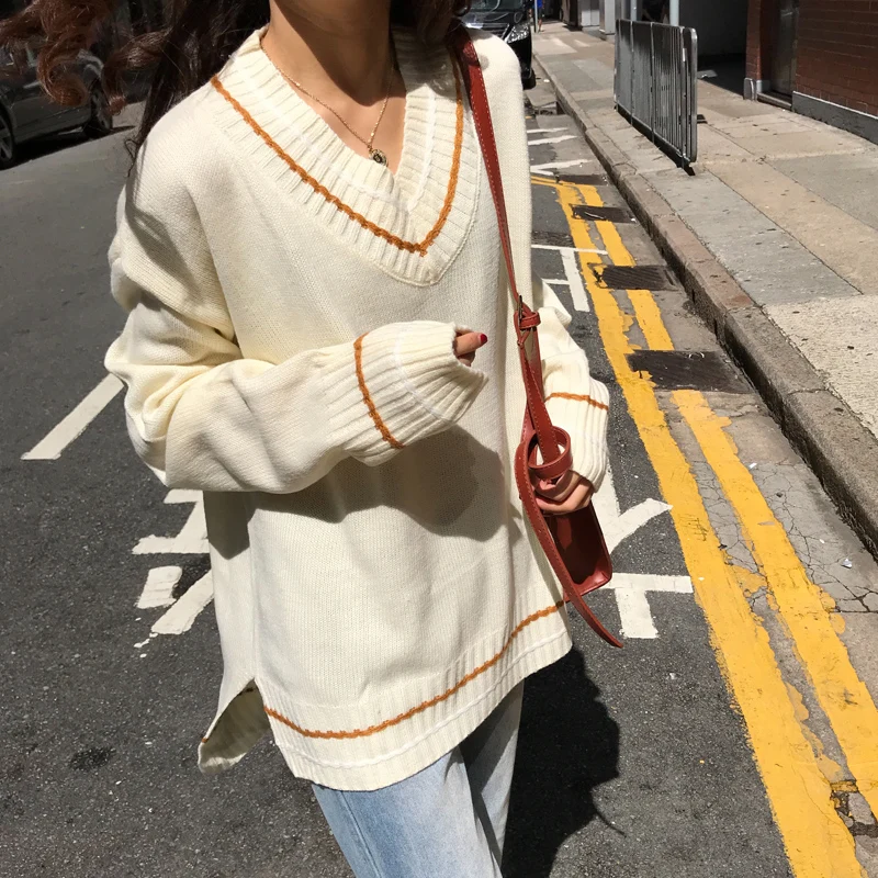 High Quality Autumn Winter Warm Sweater Women New Stripes Loose V Collar Pullover Female Vintage Long Sleeve Girl Tops | Женская одежда