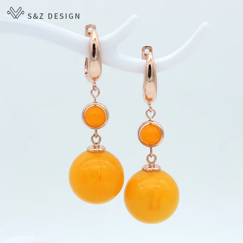 

S&Z Round Simulated Beeswax Long Dangle Earrings Trendy 585 Rose Gold Classic Vintage Eardrop For Women Wedding Party Jewelry