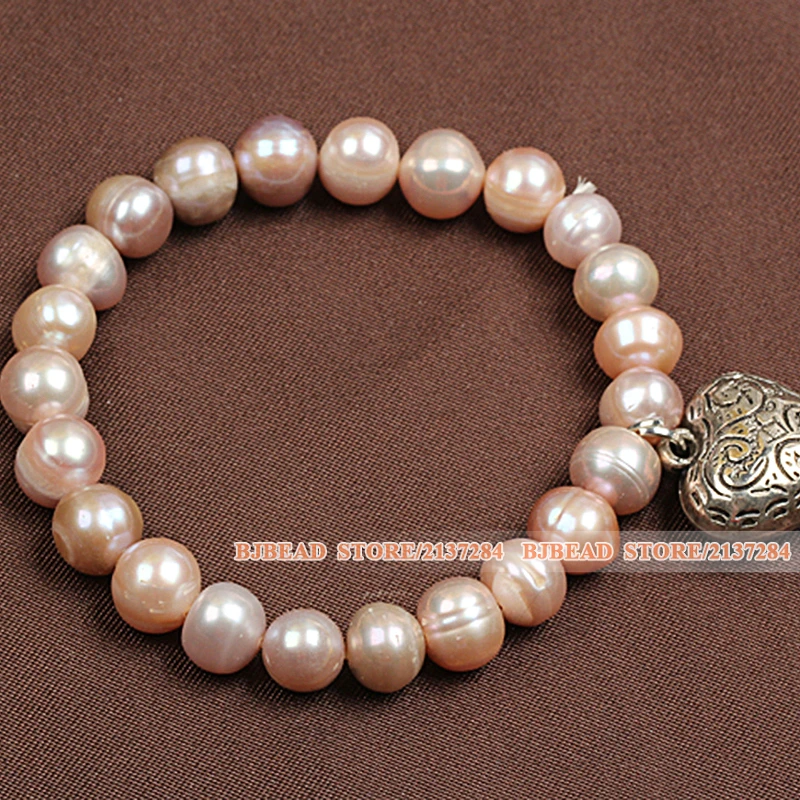 Best Gift Simple Elegant Style Natural Pink Freshwater Pearl Elastic/ Stretch Bracelet With Tibet Silver Heart Shape Charm | Украшения и